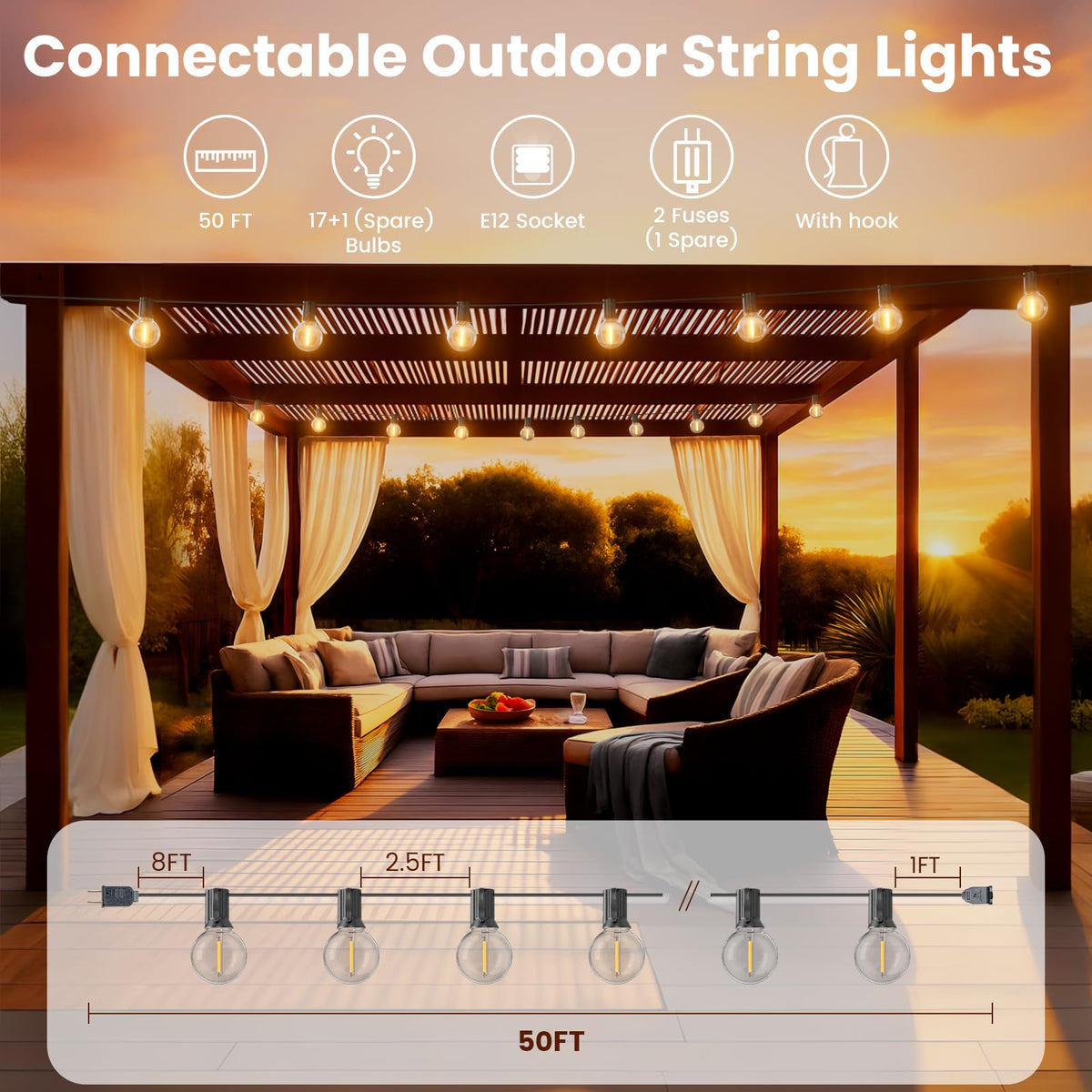 RTTY Outdoor String Lights 50 ft – Waterproof G40 LED, Dimmable & Connectable Globe Lighting for Patio