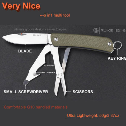 Ruike Keychain Small Pocket Knife | 6-in-1 EDC Multitool, 12C27 Steel, G10 Handle