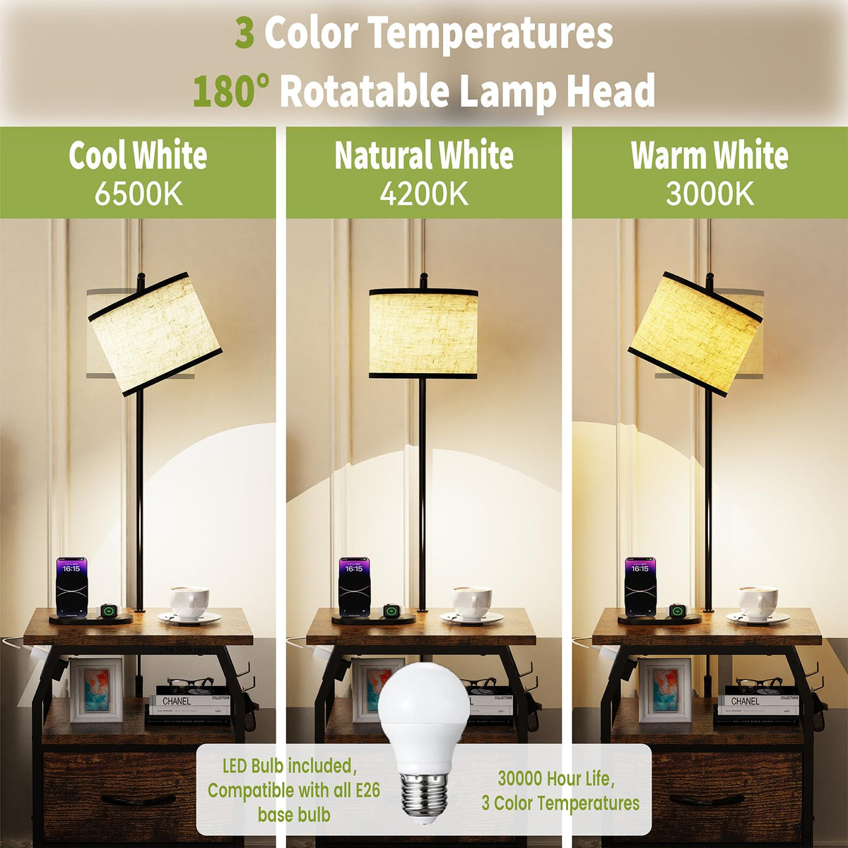 runjuly Floor Lamp with Table – 3-Color Temperature Bulbs, 2 Drawers, USB-C & USB/AC Charging, Rustic Brown