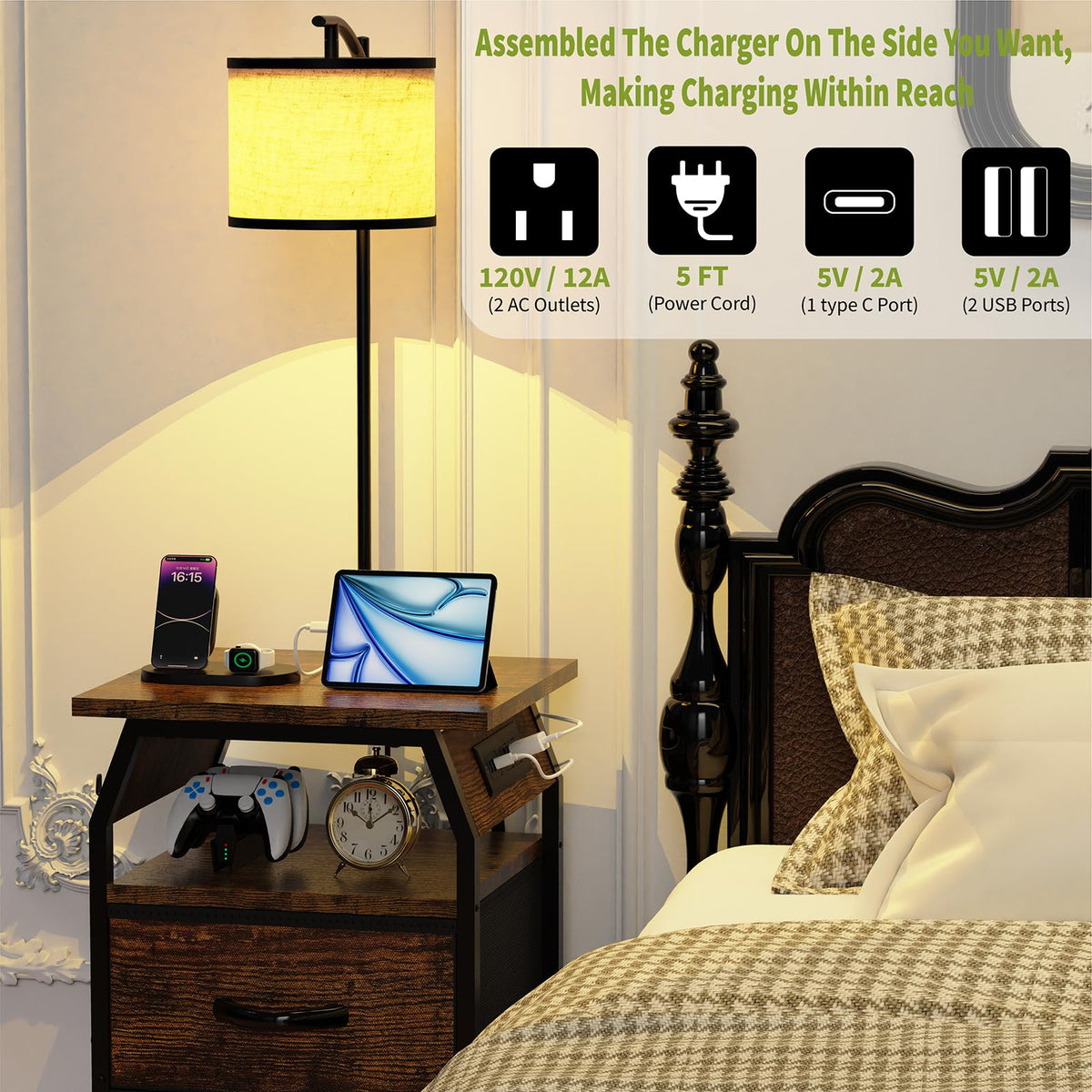 runjuly Floor Lamp with Table – 3-Color Temperature Bulbs, 2 Drawers, USB-C & USB/AC Charging, Rustic Brown