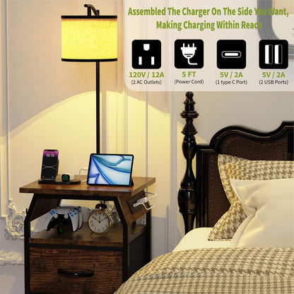 runjuly Floor Lamp with Table – 3-Color Temperature Bulbs, 2 Drawers, USB-C & USB/AC Charging, Rustic Brown