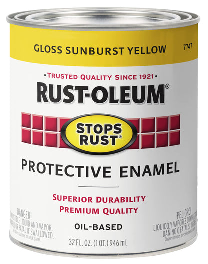 Rust-Oleum Stops Rust Brush-On Paint, Quart – Gloss Sunburst Yellow | Durable Rust Protection