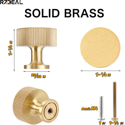 RZDEAL 4pc Solid Brass Cabinet Knobs Pulls – Brushed Gold 28mm (1-1/8in)