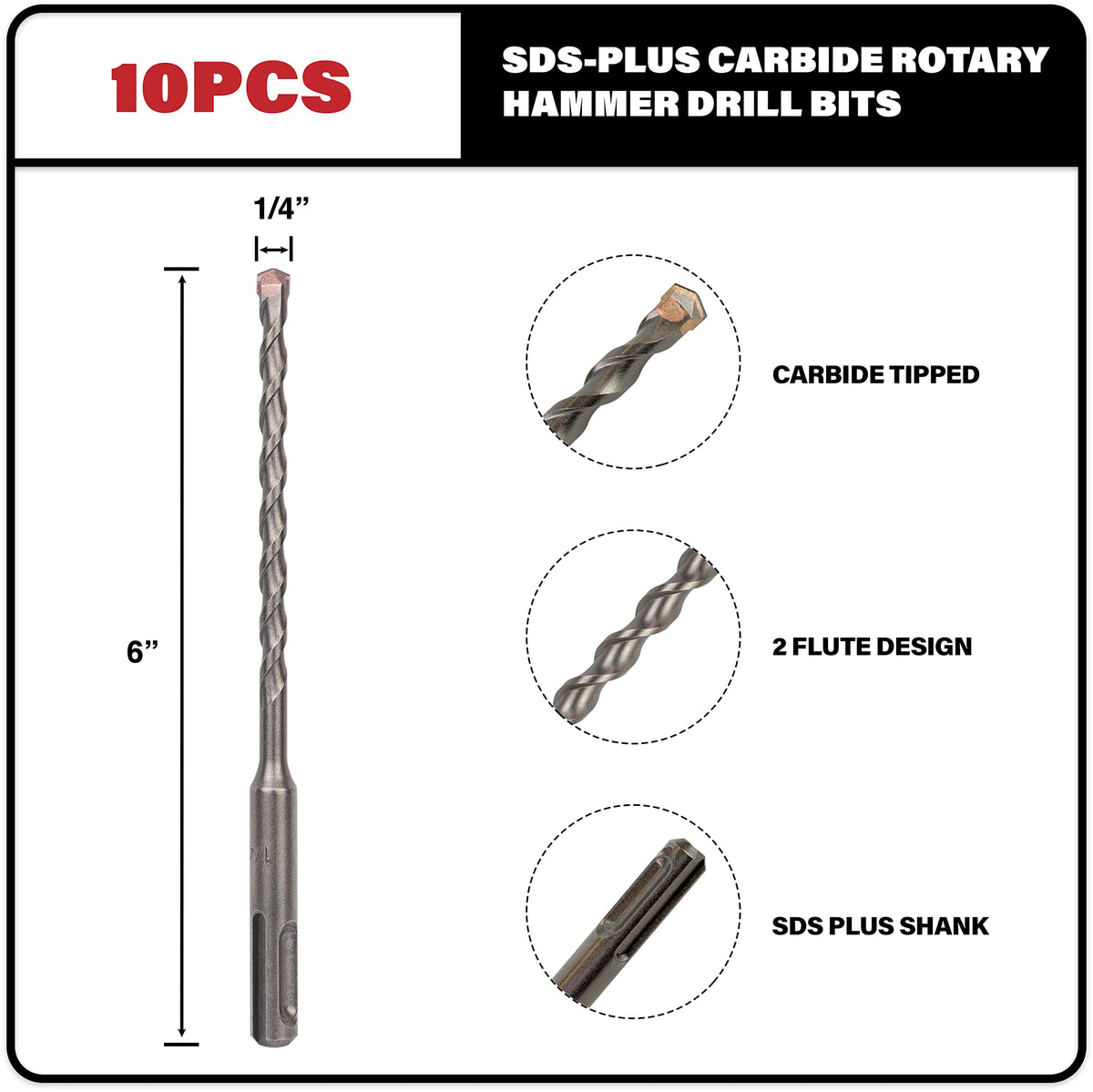 Sabre Tools 10-Pack SDS Plus Drill Bits 1/4x4x6, Carbide Tipped for Brick, Stone & Concrete