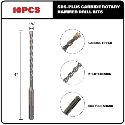 Sabre Tools 10-Pack SDS Plus Drill Bits 1/4x4x6, Carbide Tipped for Brick, Stone & Concrete