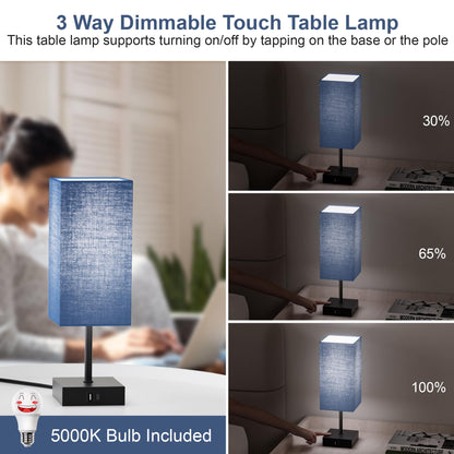Sailstar Navy Blue Bedside Table Lamp — 3-Way Dimmable Touch Lamp with USB-C & USB-A