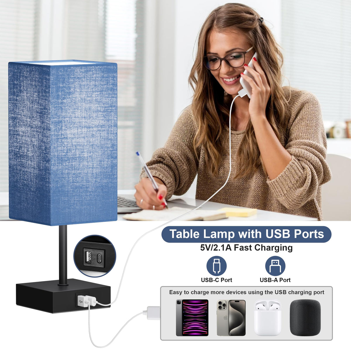 Sailstar Navy Blue Bedside Table Lamp — 3-Way Dimmable Touch Lamp with USB-C & USB-A