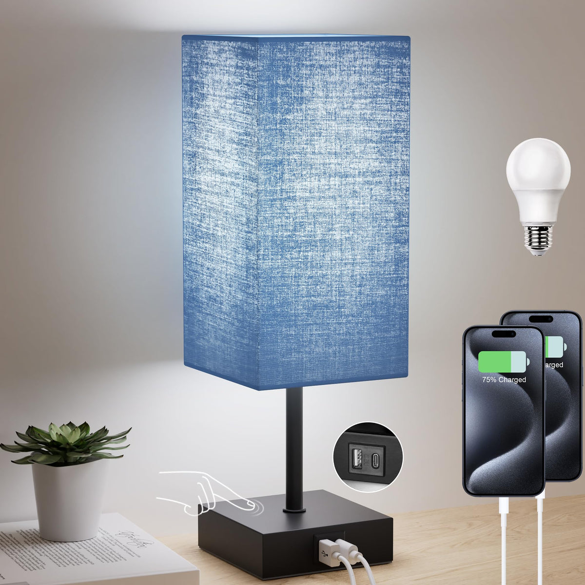 Sailstar Navy Blue Bedside Table Lamp — 3-Way Dimmable Touch Lamp with USB-C & USB-A