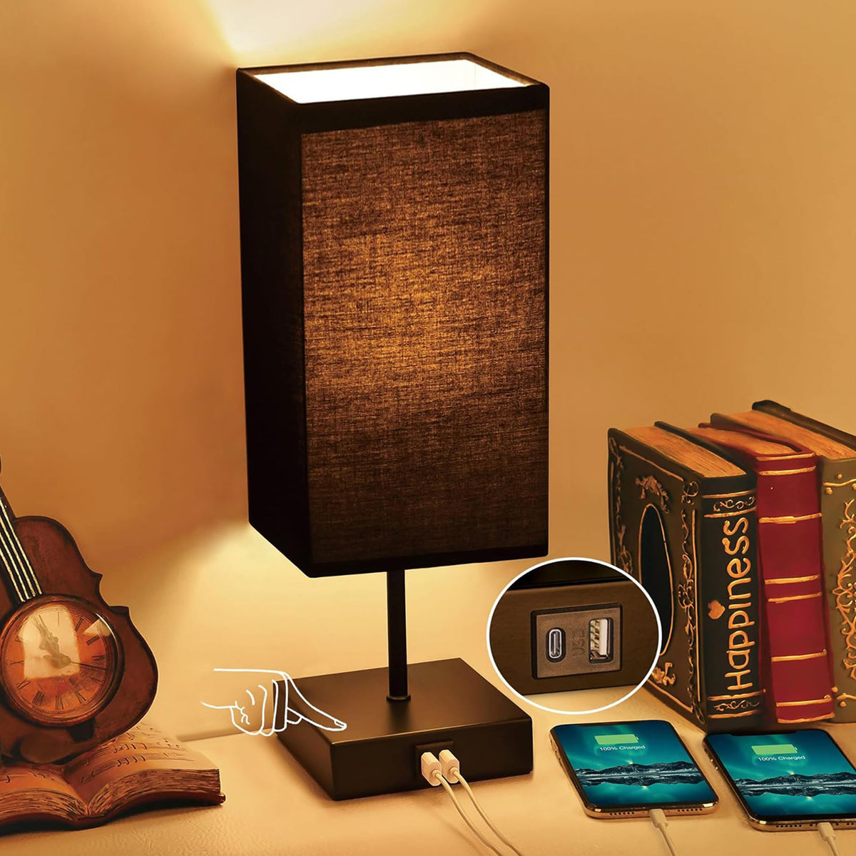 Sailstar Table Lamp for Bedroom | 3-Way Dimmable Touch, USB-C & USB-A, Black Nightstand Lamp