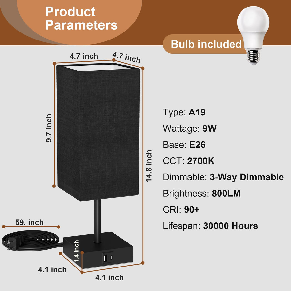Sailstar Table Lamp for Bedroom | 3-Way Dimmable Touch, USB-C & USB-A, Black Nightstand Lamp
