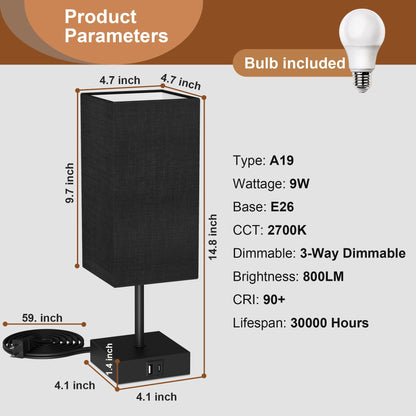 Sailstar Table Lamp for Bedroom | 3-Way Dimmable Touch, USB-C & USB-A, Black Nightstand Lamp