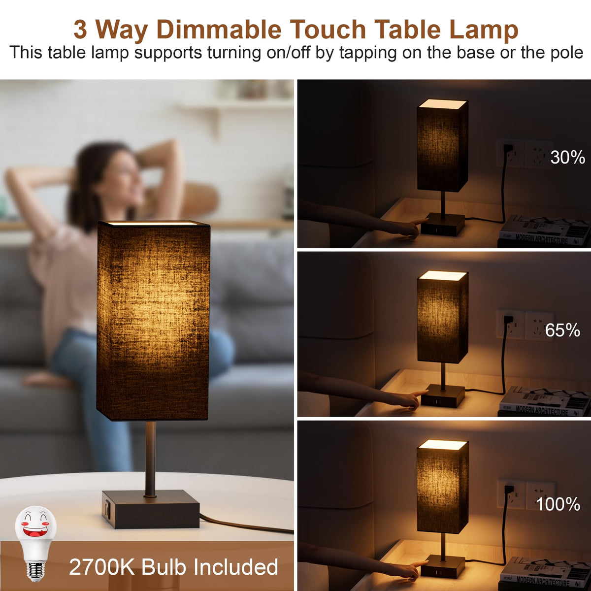 Sailstar Table Lamp for Bedroom | 3-Way Dimmable Touch, USB-C & USB-A, Black Nightstand Lamp