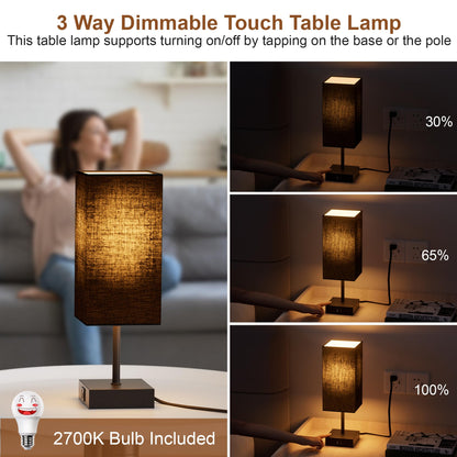 Sailstar Table Lamp for Bedroom | 3-Way Dimmable Touch, USB-C & USB-A, Black Nightstand Lamp