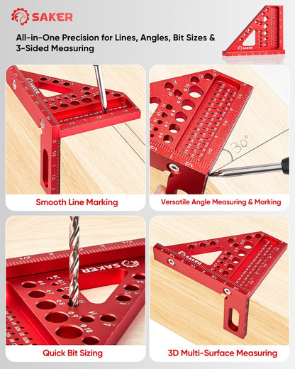 Saker 3D Multi-Angle Measuring Square Ruler – Aluminum Carpenter Square, 0-90° Precision for Woodworking, Engineering & Construction