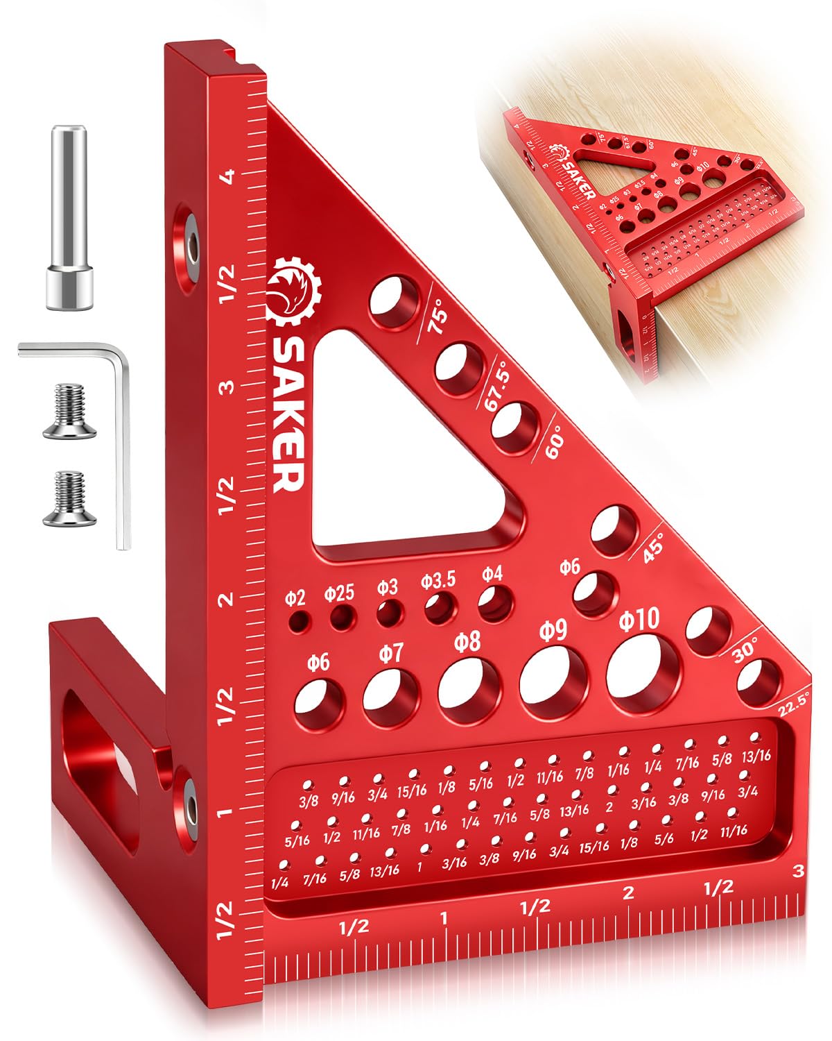 Saker 3D Multi-Angle Measuring Square Ruler – Aluminum Carpenter Square, 0-90° Precision for Woodworking, Engineering & Construction