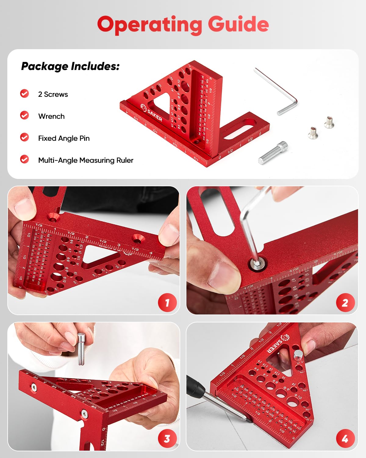 Saker 3D Multi-Angle Measuring Square Ruler – Aluminum Carpenter Square, 0-90° Precision for Woodworking, Engineering & Construction