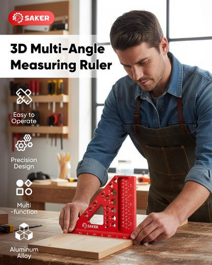 Saker 3D Multi-Angle Measuring Square Ruler – Aluminum Carpenter Square, 0-90° Precision for Woodworking, Engineering & Construction