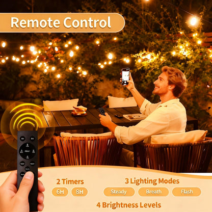 SANBEN Outdoor String Lights with Remote Control, 50ft, 25 LEDs, 24V Low-Voltage, IP65, Dimmable & Timer
