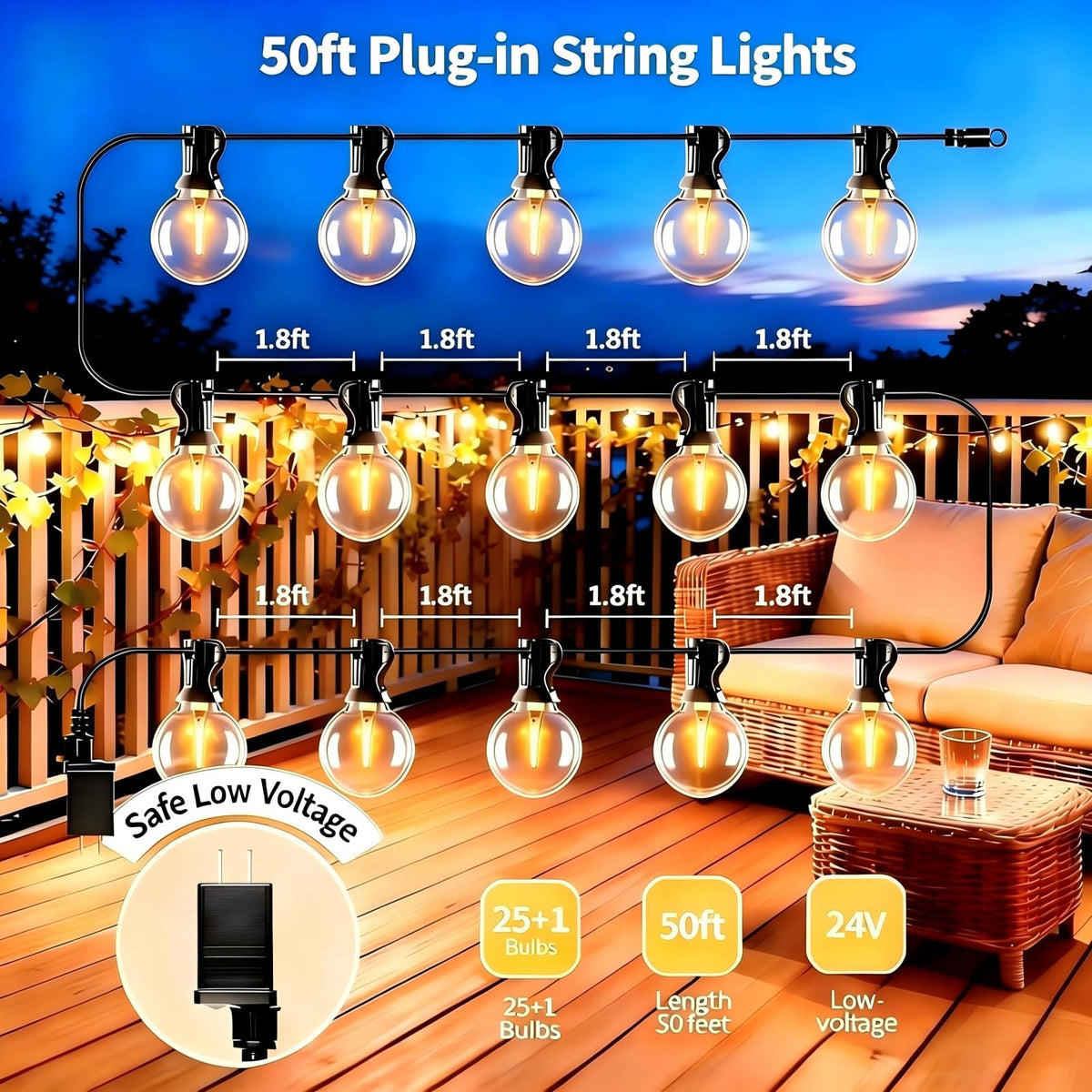 SANBEN Outdoor String Lights with Remote Control, 50ft, 25 LEDs, 24V Low-Voltage, IP65, Dimmable & Timer