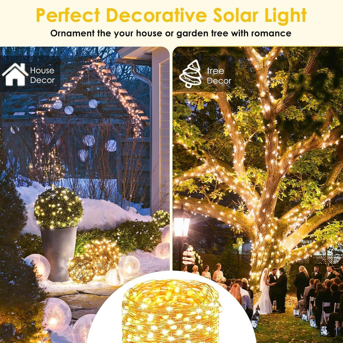 SANJICHA Extra-Long Solar String Lights – 4 Pack, 400LED Outdoor Copper Wire, IP65, 8 Modes, Warm White