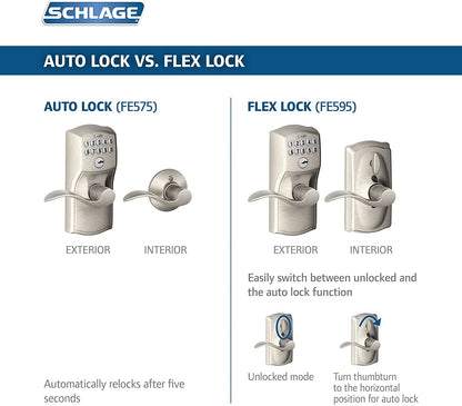Schlage Camelot Keypad Lock with Lever — Satin Chrome, Auto-Lock, 19 Codes