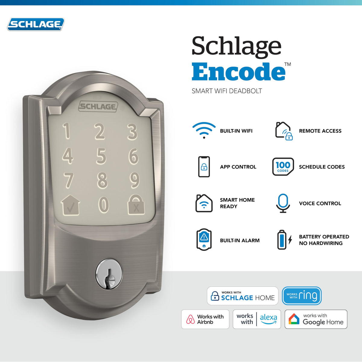 Schlage Encode Smart WiFi Deadbolt with Touchscreen Keypad — Satin Nickel