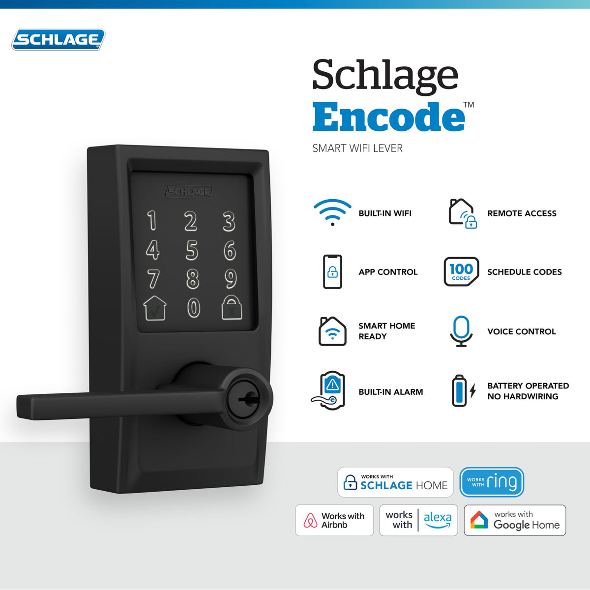 Schlage Encode Smart WiFi Lever Lock – Touchscreen Keyless Entry, App Control, Alexa & Google Home