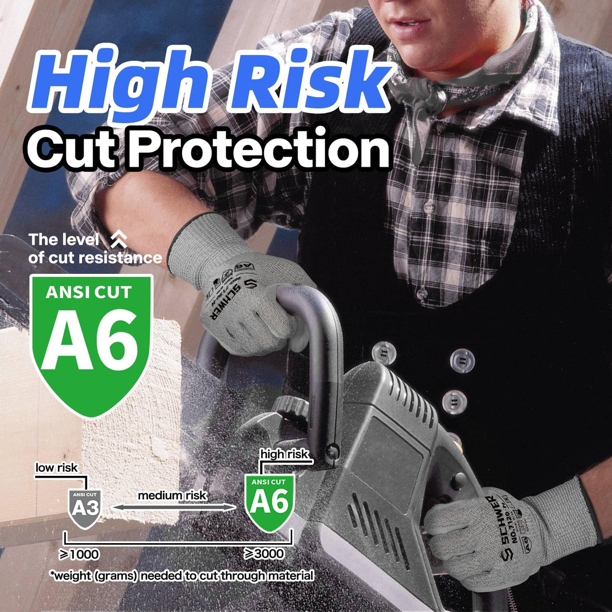 Schwer ANSI A6/A7 Cut Resistant Gloves – 3 Pairs with Touchscreen Support and Durable PU Coating