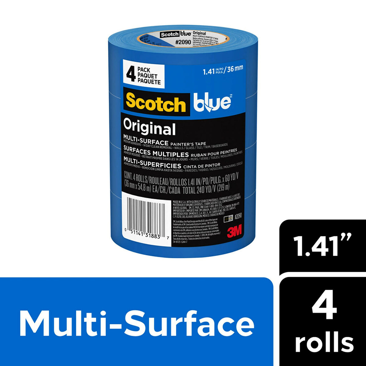 ScotchBlue Painter's Tape Multi-Use 1.41in x 60yd - 4-Roll Pack