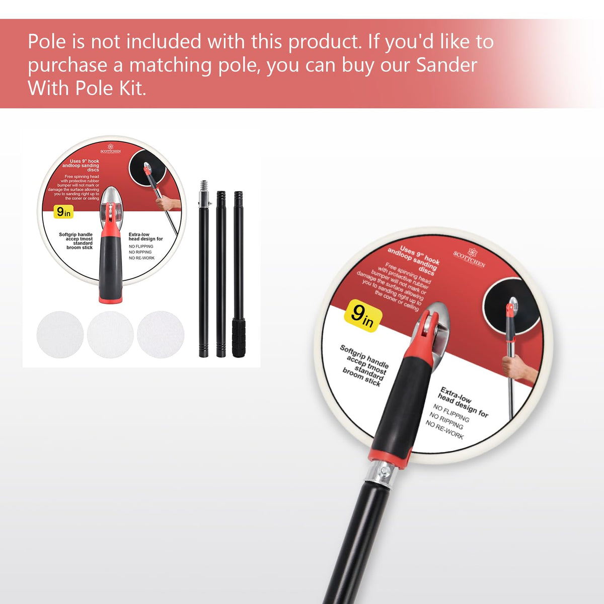 SCOTTCHEN 9-Inch Round Drywall Sander with Pole Compatibility & 3 Grit Discs (80/100/150)