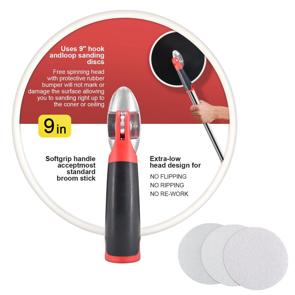 SCOTTCHEN 9-Inch Round Drywall Sander with Pole Compatibility & 3 Grit Discs (80/100/150)
