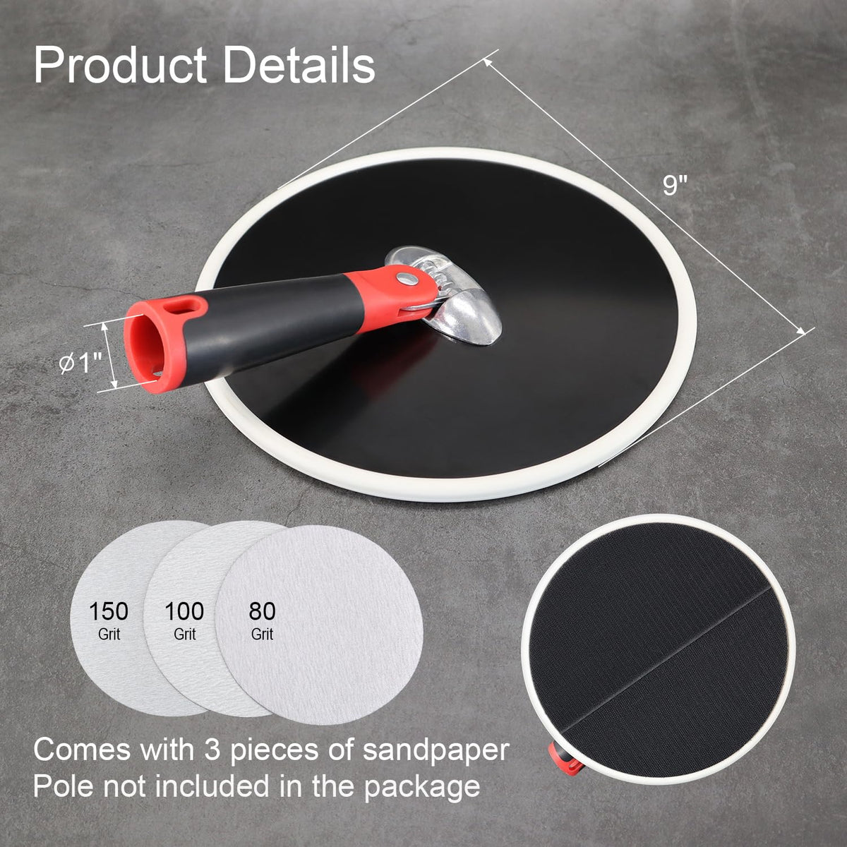 SCOTTCHEN 9-Inch Round Drywall Sander with Pole Compatibility & 3 Grit Discs (80/100/150)