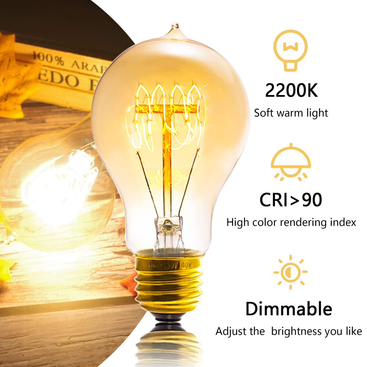 Sevici Edison Bulb 6 Pack – Amber 2200K Dimmable A19 Vintage Style
