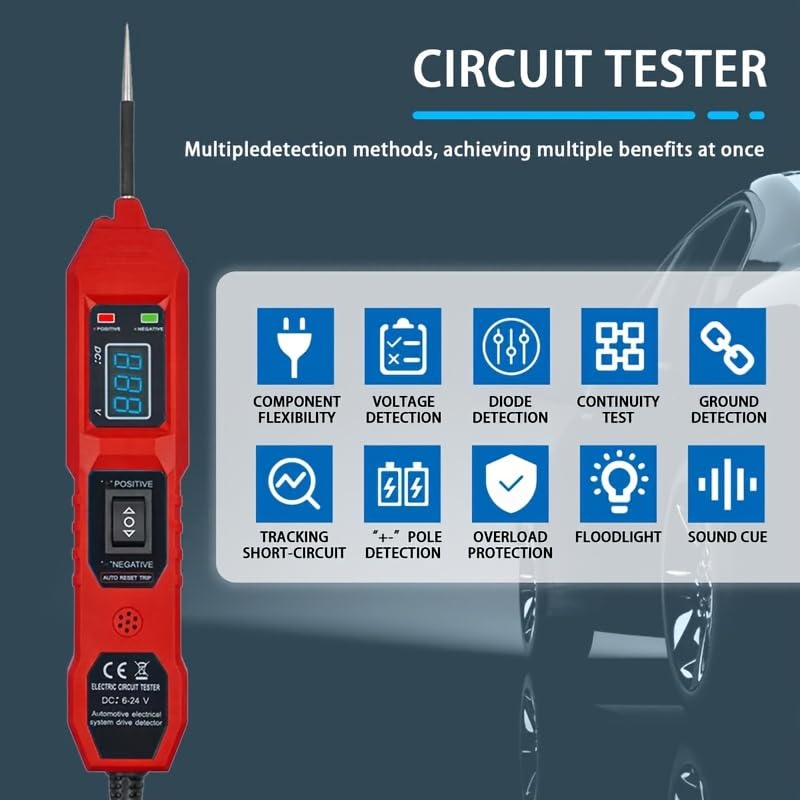 SHIELDIX Power Circuit Probe Tester: 6V-24V, LED LCD Readout, 14.7ft Cable, Overload Protection