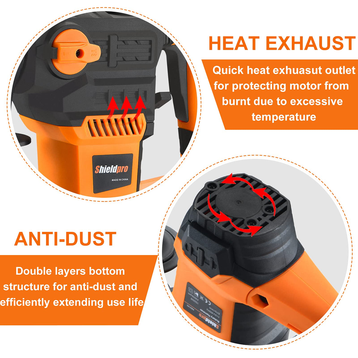 SHIELDPRO 1-1/4-Inch SDS-Plus Rotary Hammer Drill | 13 Amp, 3 Modes, Vibration Control