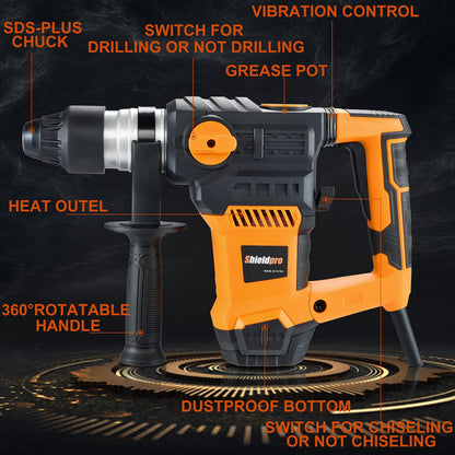 SHIELDPRO 1-1/4-Inch SDS-Plus Rotary Hammer Drill | 13 Amp, 3 Modes, Vibration Control