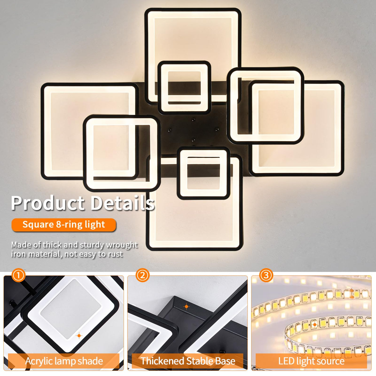 Shine LUEST Modern LED Ceiling Light – Dimmable Ring Chandelier with Remote, Black Flush Mount