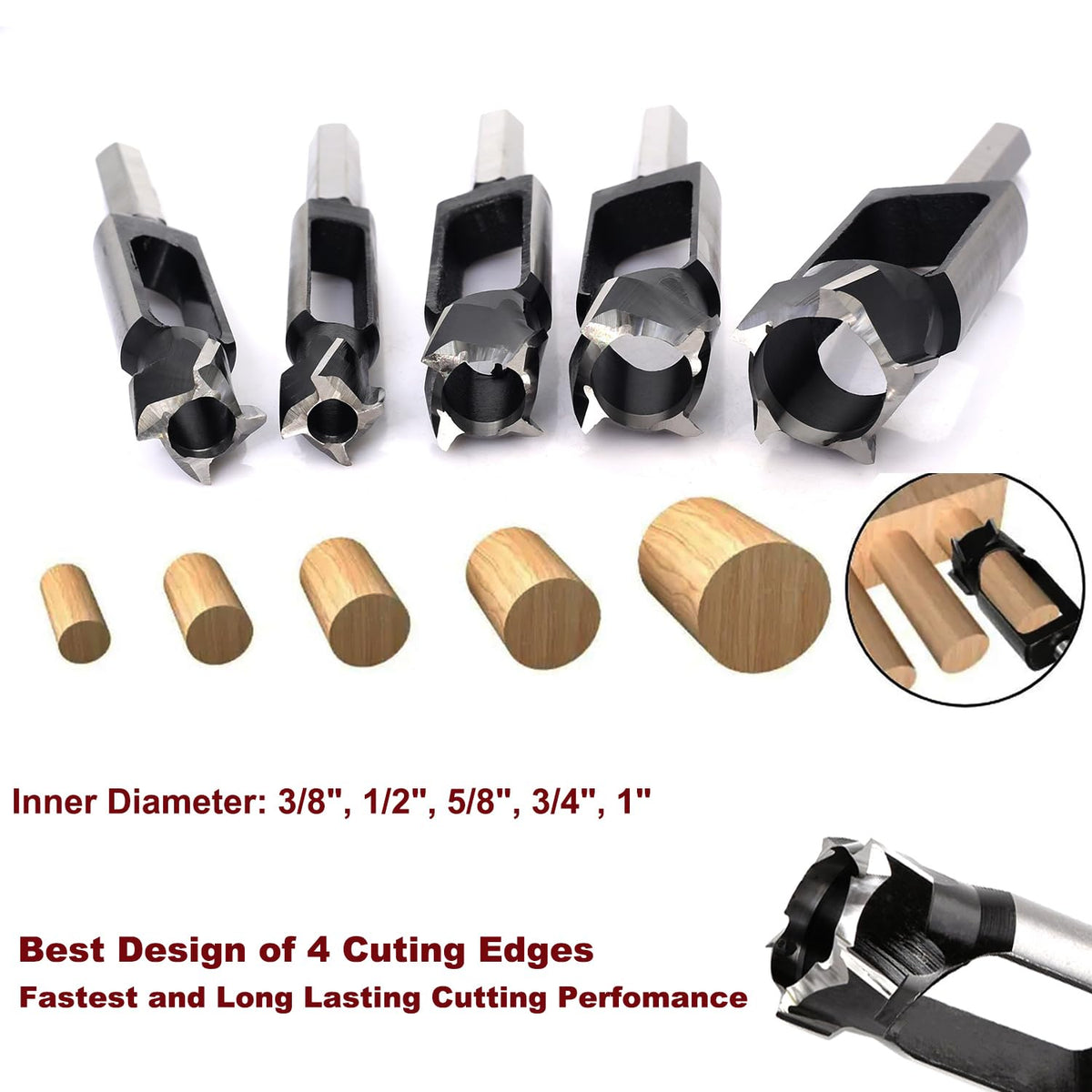 SICWOOD 5PCS Wood Plug Cutters Set – Precision Dowel & Tenon Makers for Woodworking