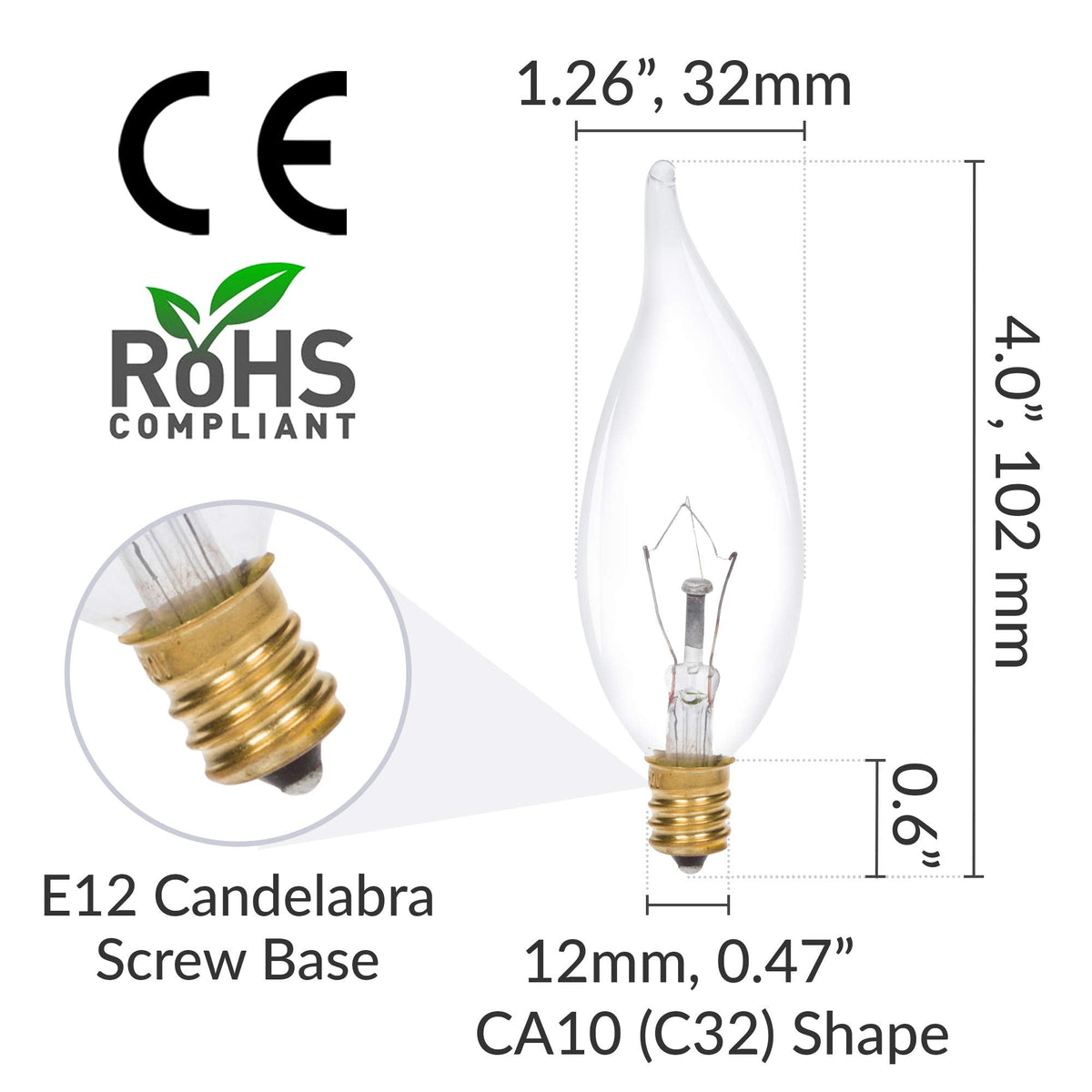 Simba Lighting Candelabra Flame Tip CA10 40W E12 Base – 12-Pack Warm White 2700K, Dimmable