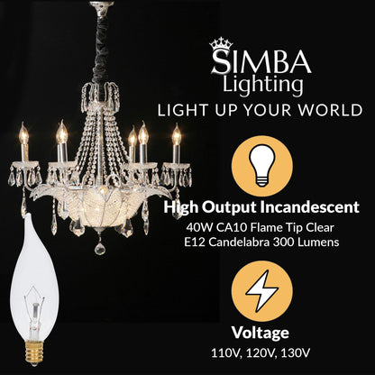 Simba Lighting Candelabra Flame Tip CA10 40W E12 Base – 12-Pack Warm White 2700K, Dimmable