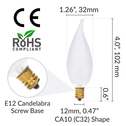 Simba Lighting Candelabra Flame Tip CA10 25W E12 Base — 12 Pack, 2700K Dimmable