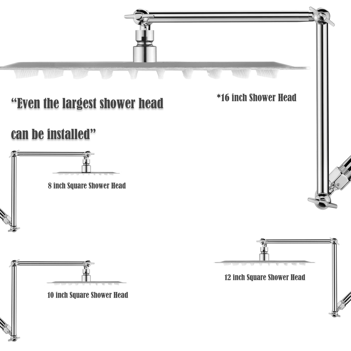 Singing Rain 16'' Shower Head Extension Arm – Chrome, 304 Stainless, 2 Locking Joints