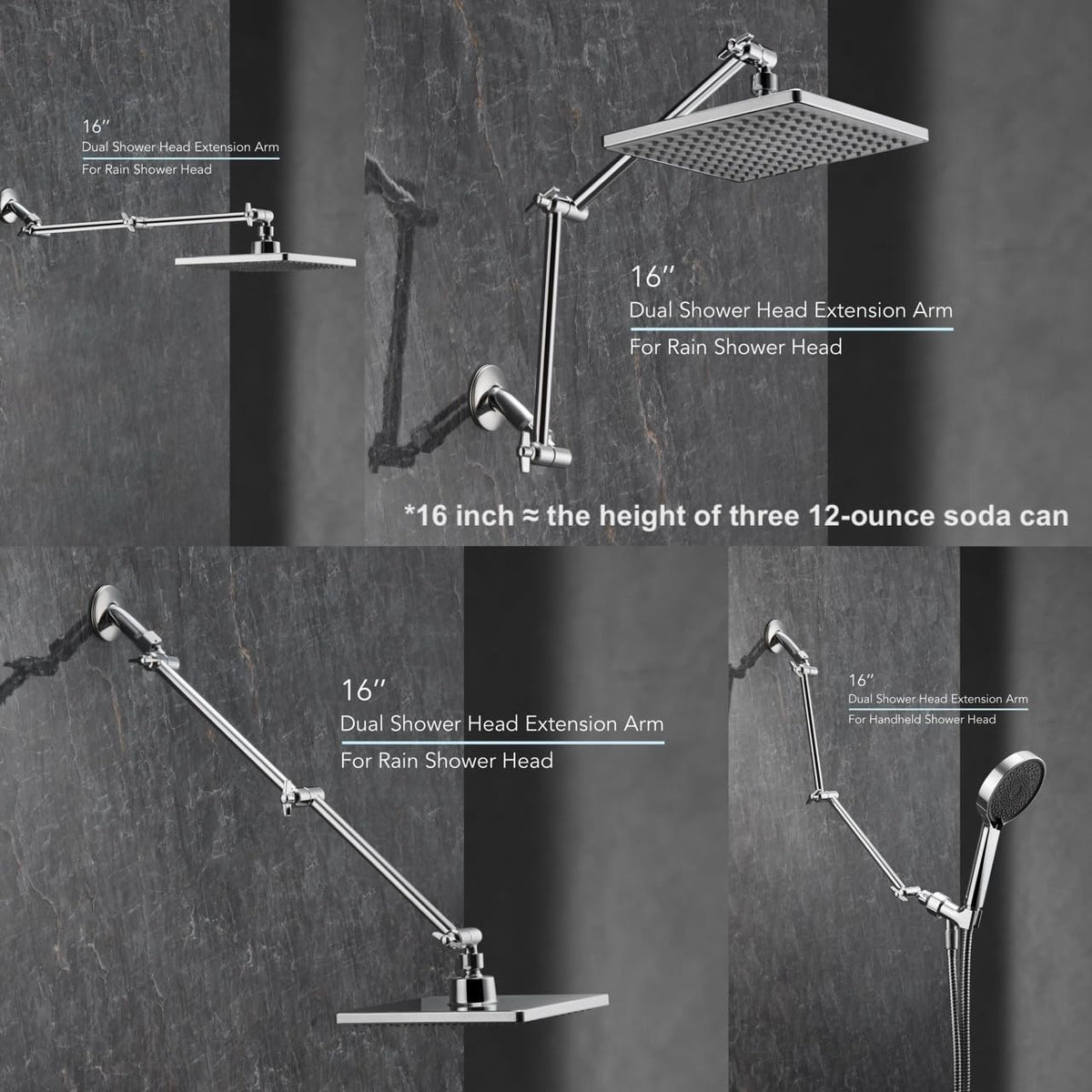 Singing Rain 16'' Shower Head Extension Arm – Chrome, 304 Stainless, 2 Locking Joints