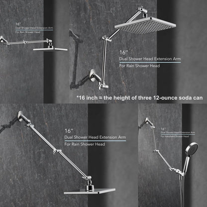 Singing Rain 16'' Shower Head Extension Arm – Chrome, 304 Stainless, 2 Locking Joints