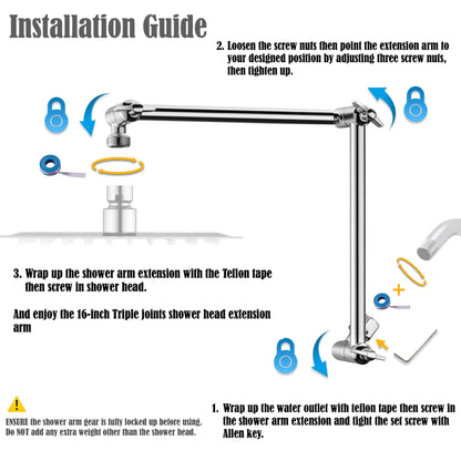 Singing Rain 16'' Shower Head Extension Arm – Chrome, 304 Stainless, 2 Locking Joints