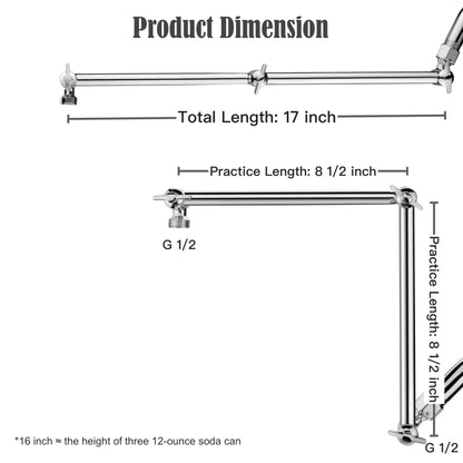 Singing Rain 16'' Shower Head Extension Arm – Chrome, 304 Stainless, 2 Locking Joints
