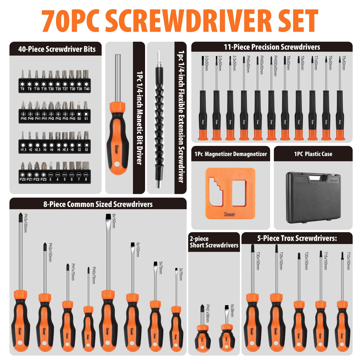 Sinoer 70-Piece Magnetic Screwdrivers Set with Case | Precision DIY Toolkit