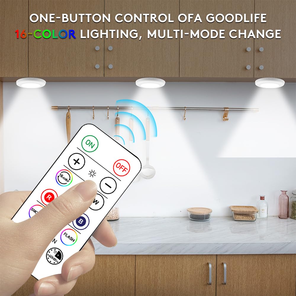 SIXDEFLY Wireless 16-Color LED Puck Lights 12-Pack – Remote Control, Dimmable, Battery-Powered Under-Cabinet Lighting