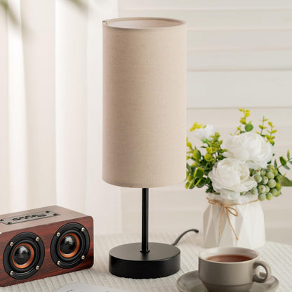 SIXZOONM Small Bedside Table Lamp – Round Linen Shade, Black Base
