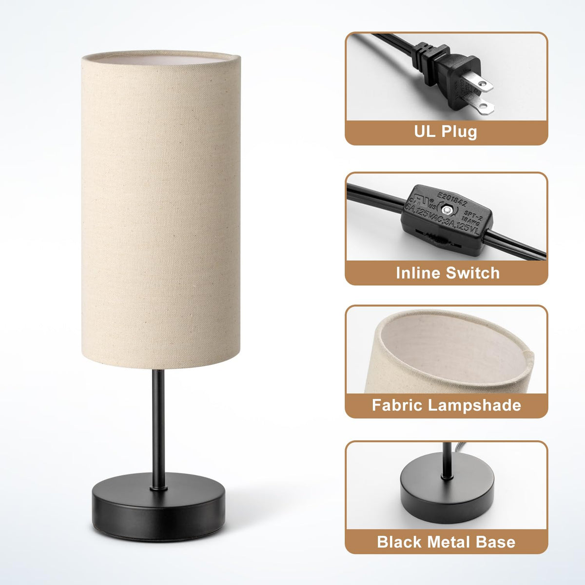 SIXZOONM Small Bedside Table Lamp – Round Linen Shade, Black Base